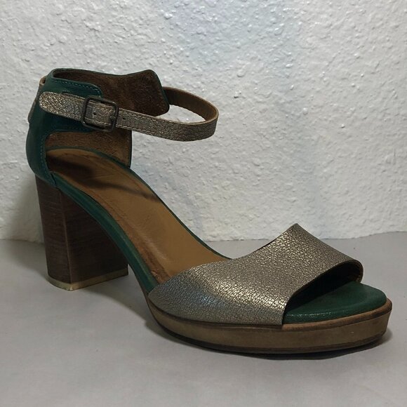 KUPURI Heels Women's Size US7.5 Green Silver Anthropologie Peep Toe Slingback - Picture 13 of 14